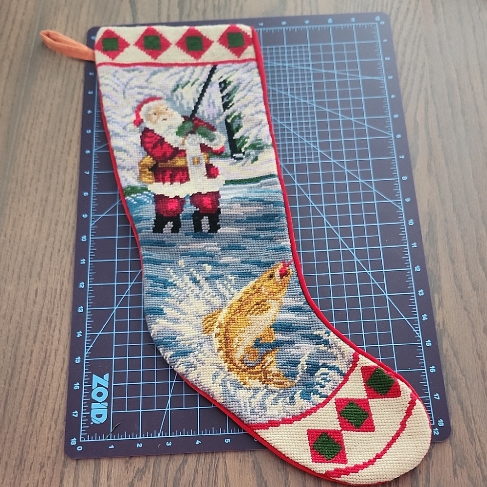 Festive Santa and Fish Needlepoint Christmas Stocking